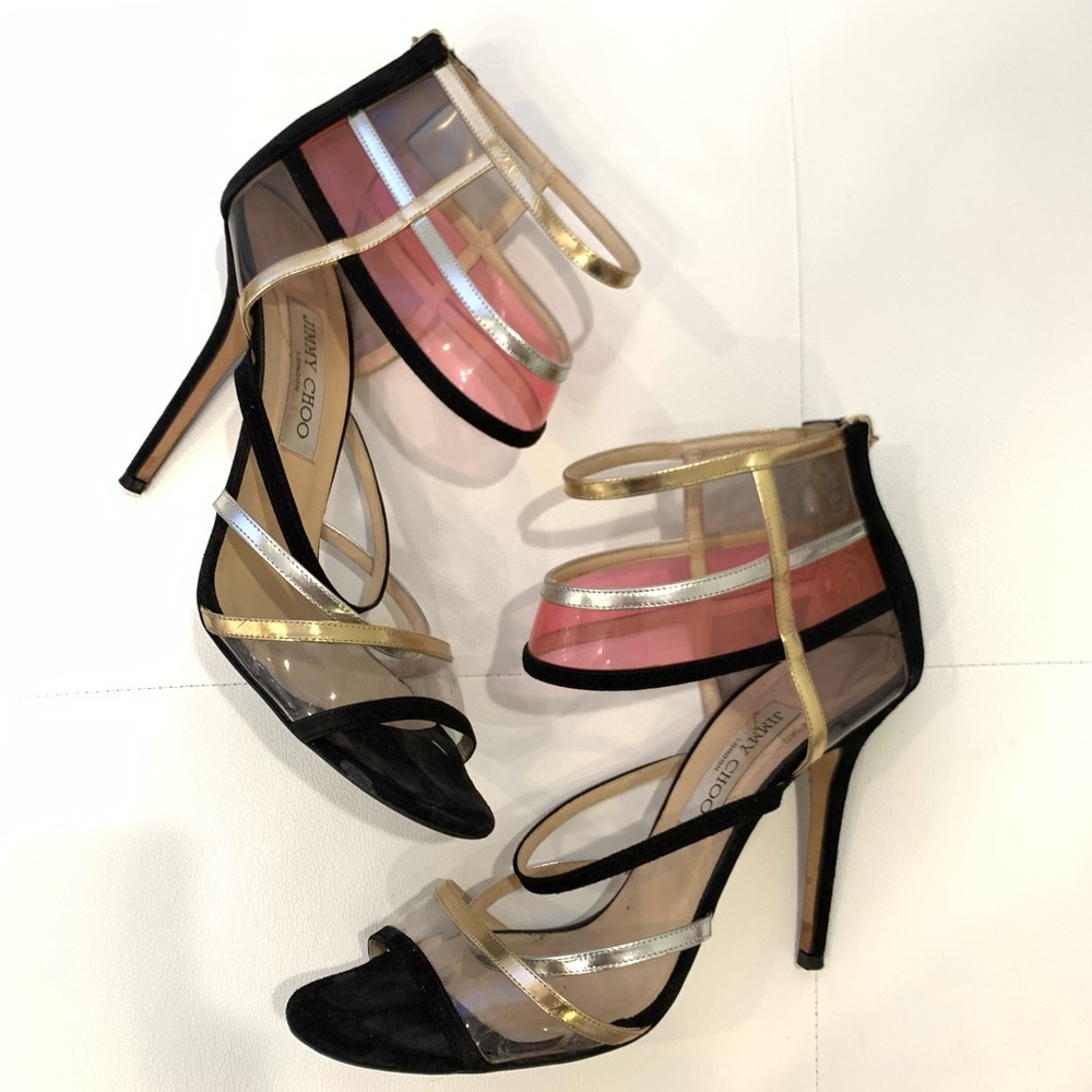 JIMMY CHOO Suede PVC Strappy Heels Sz 41